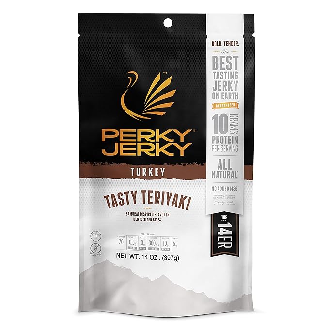 Perky Jerky Tasty Teriyaki Turkey Jerky 14oz - Low Sodium - 10g Protein per Serving - Low Fat - 100% U.S. Sourced - Tender Texture and Bold Flavor