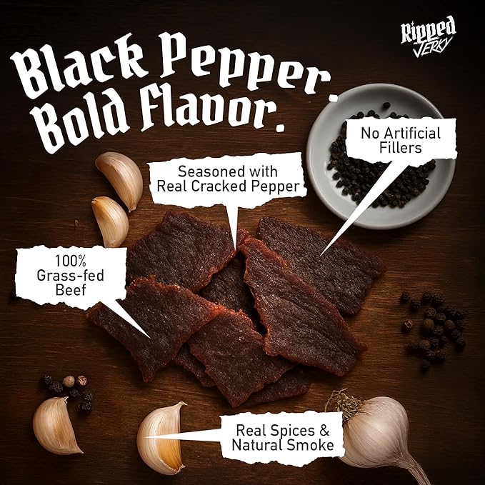 Ripped Beef Jerky - 100% Grass Fed Beef 20g Protein Real Ingredients Gluten Free No MSG Made in USA (Pack of 3 Peppered)