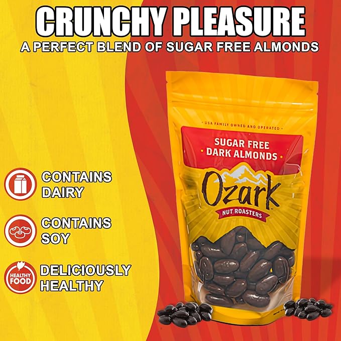 OZARK NUT ROASTERS Sugar-Free Dark Almonds Dark Chocolate Flavored Snacks No Sugar Added World-Class Gourmet Candied Nuts Resealable Pack (14 oz)
