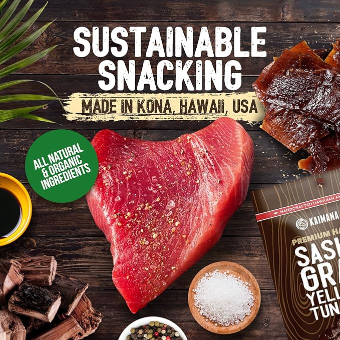 Kaimana Ahi Tuna Jerky Kiawe Smoked Sea Salt - Soft and Tasty - Premium Fish Jerky Made in the USA. High in Omega 3's All Natural and Wild Caught - 2 Ounce (Pack of 3)