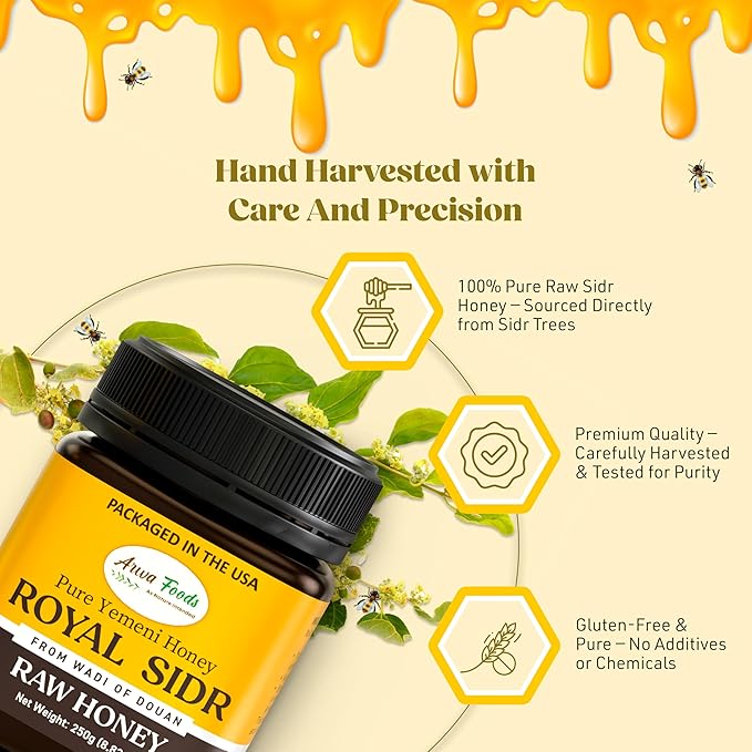 Arwa Foods Yemeni Sidr Honey (Jujube) from Wadi of Doan Yemen – Pure Premium Malaki Raw &amp Unprocessed Honey - Healthy &amp Rich in Nutrients – 8.82 oz / 250g Package