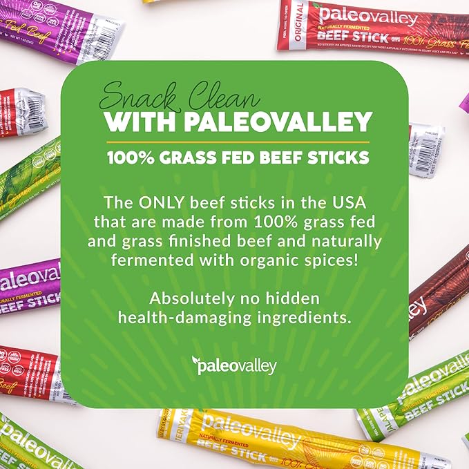 Paleovalley 100% Grass Fed Beef Sticks - Delicious Gluten Free Beef Snack - High Protein Keto Friendly 50 Count Variety Pack