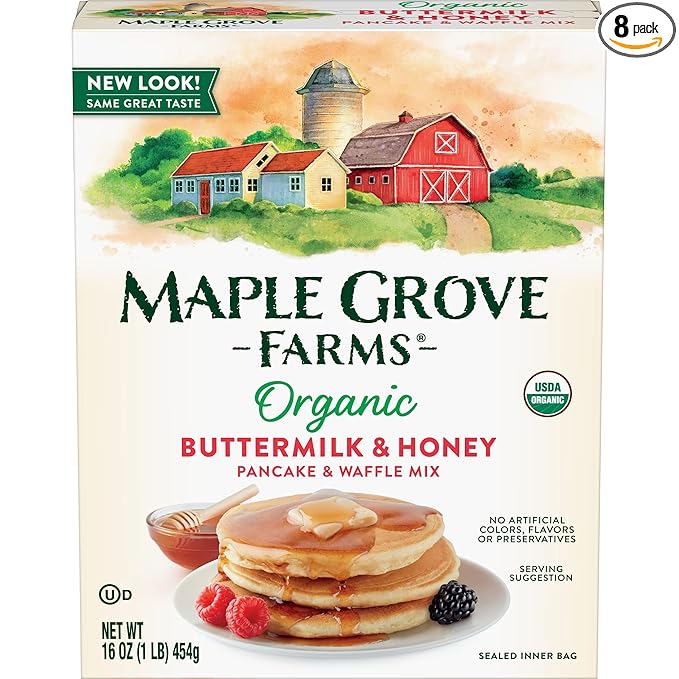 Maple Grove Farms Organic Pancake &amp Waffle Mix with Honey 16 Ounce (Pack of 8)