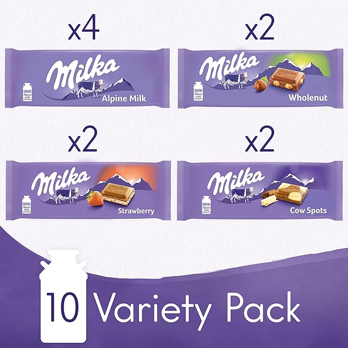 Milka European Chocolate Bars Variety Pack Alpine Milk Chocolate Cow Spots Strawberry &amp Wholenut Hazelnut 10 - 3.52 oz Bars