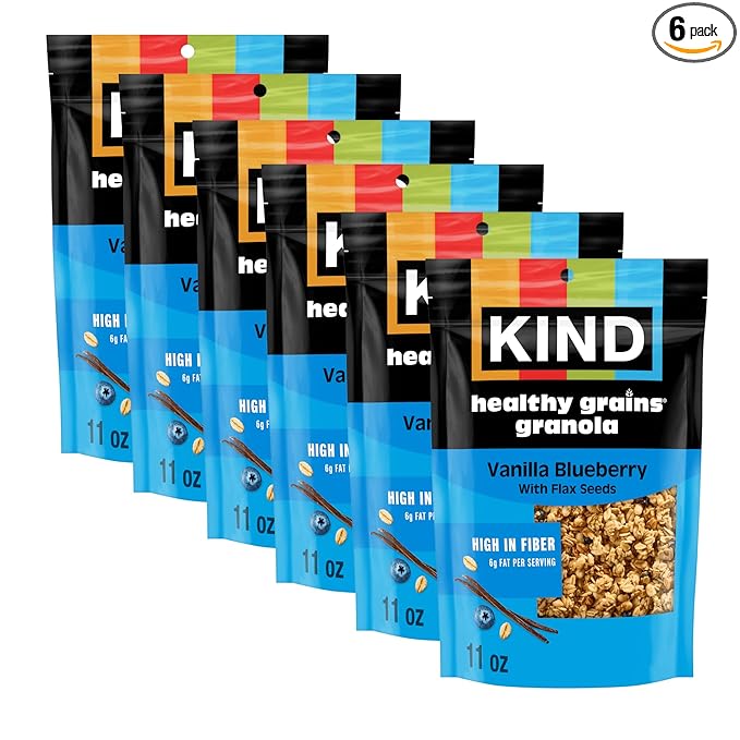 KIND Healthy Grains Vanilla Blueberry Granola with Flax Seeds Healthy Snacks Gluten Free 100% Whole Grains 5g Protein 11oz 6 Count