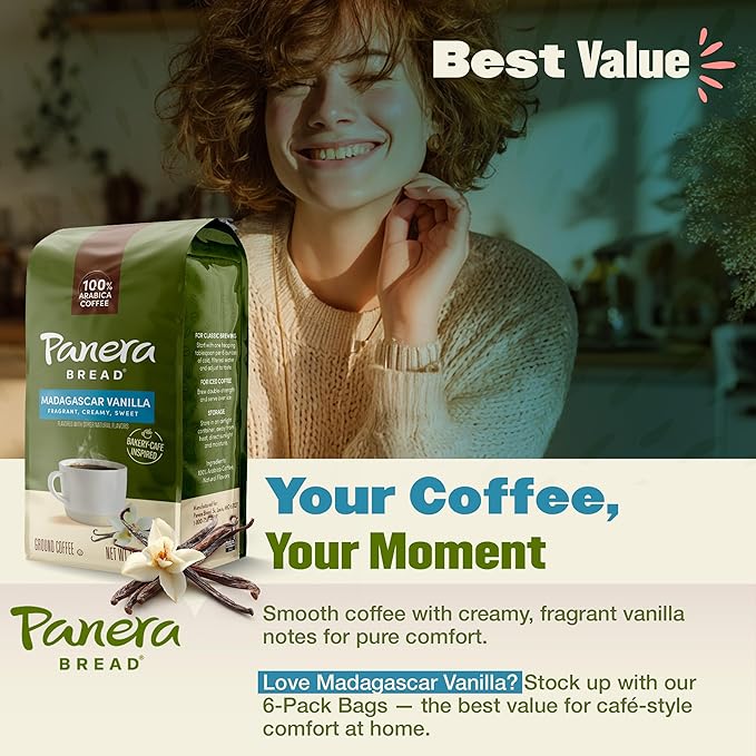Panera Madagascar Vanilla Ground Coffee - Light Roast Natural Vanilla Flavor - 100% Arabica No Artificial Ingredients - Bakery-Cafe Quality - 12oz Bag Pack of 6 (72oz Total)