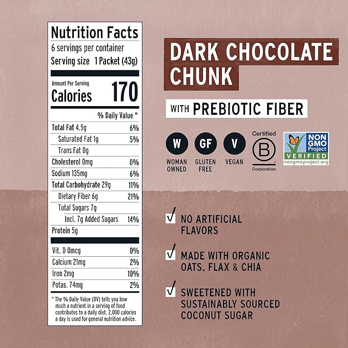 Purely Elizabeth Classic Cinnamon Superfood Oatmeal with Prebiotic Fiber Gluten Free &amp Non-GMO 9.12 Oz (Pack of 6) (6 Pack Dark Chocolate Chunk)