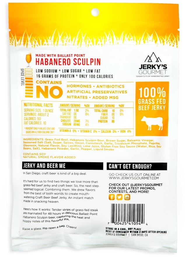 Habanero Sculpin Craft Beer Grass Fed Beef Jerky - 100 Calorie Snacks Gourmet Healthy Low Carb High Protein - Keto Friendly (3 Packs)