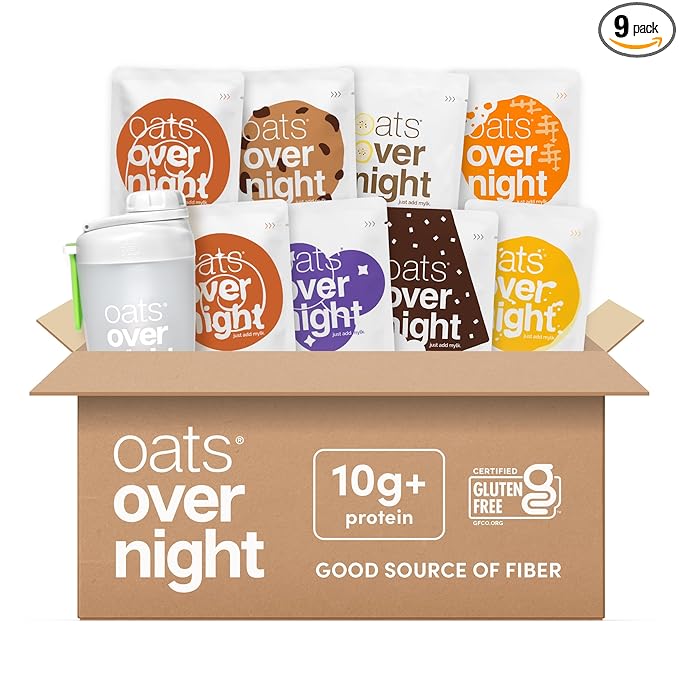 Oats Overnight Vegan Variety Pack - High Protein High Fiber Breakfast Protein Shake - Gluten Free Oatmeal Non GMO Protein Oatmeal - Banana Bread Blueberry Cobbler &amp More (8 Pack + Shaker Bottle