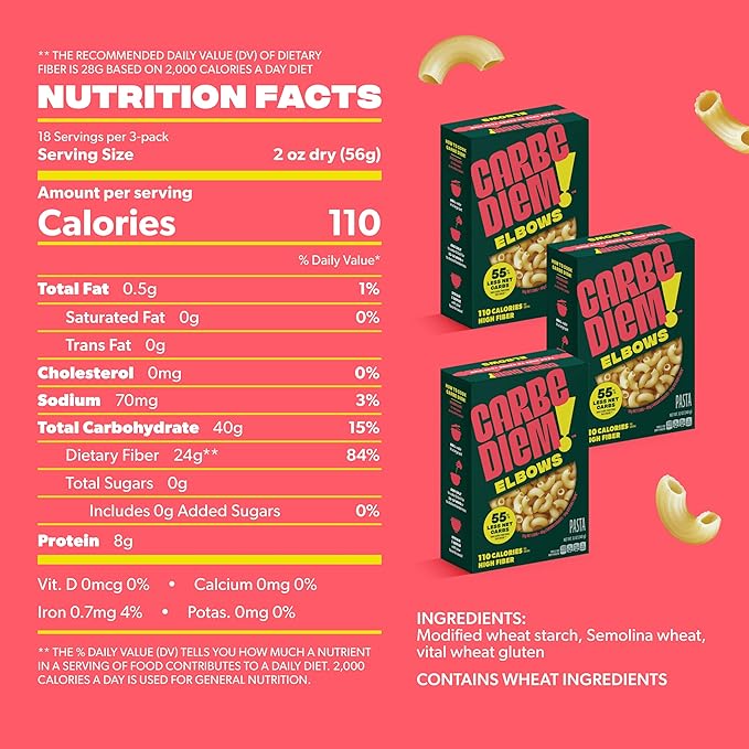 Carbe Diem! Penne &amp Elbow Bundle Lower Net Carb Pasta with Traditional Flavor &amp Texture 8 grams of Protein 55% Fewer Net Carbs &amp Only 110 Calories Per Serving 2 Packs of 3