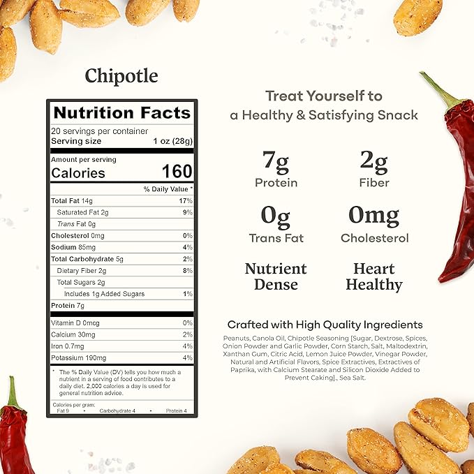 Belmont Peanuts Gourmet Chipotle &amp Sea Salt Virginia Peanuts 20 oz (1 Pack) – Simple Ingredients No Preservatives 7g Protein – A Spicy Salty Crunchy Hand Seasoned Snack