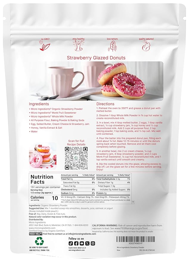 Organic Strawberry Powder 1 Lb | 100% Natural Fruit Powder | Freeze-Dried Strawberries Source | No Sugar &amp Additives | Great Flavor for Drinks Smoothie &amp Beverages | Non-GMO &amp Vegan Fri