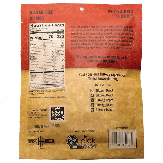 Biltong Depot Original Lean Biltong Slices Bundle - 3oz (3 Pack) | Air-Dried Beef Jerky Snack | High Protein | Zero Sugar | Keto &amp Paleo Friendly | Gluten Free | No Artificial Preservatives | No M