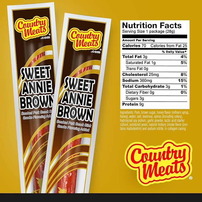 Country Meats Meat Sticks 0 Trans Fat USDA Certified Good Source of Protein Carb Conscious Snack (24 Meat Sticks Sweet Annie Brown)