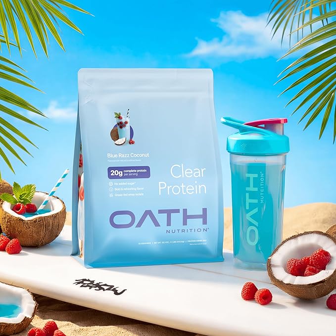 Oath Nutrition Clear Whey Isolate Protein Powder Blue Razz Coconut 20g Complete Protein per Serving No Added Sugar Grass-Fed 18 Servings