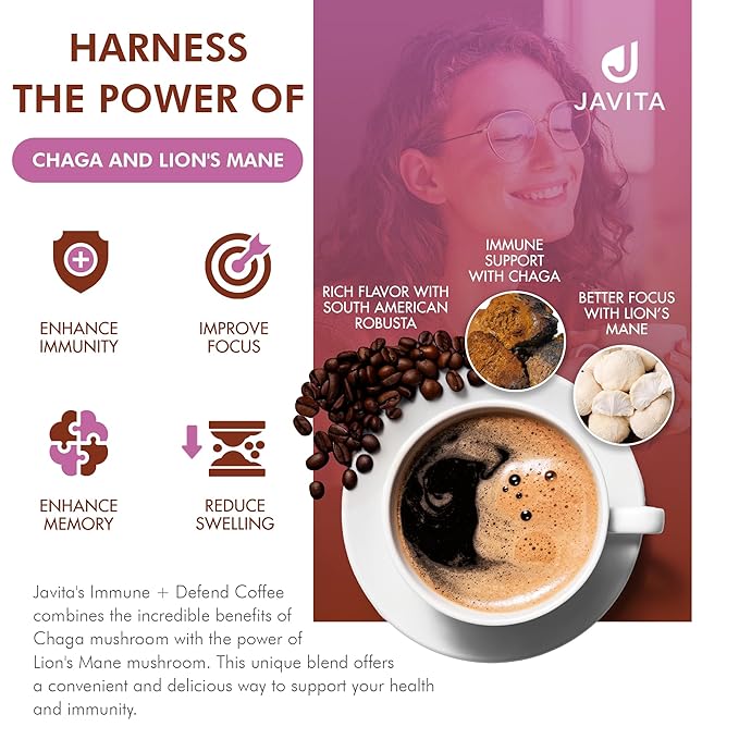Mushroom + Coffee Javita Immune &amp Defend Blend of Chaga Lion's Mane and Dark Roast Robusta Coffee for Morning Boost Wellness Support Smooth Convenient Coffee Mix (2 box/48 serv)