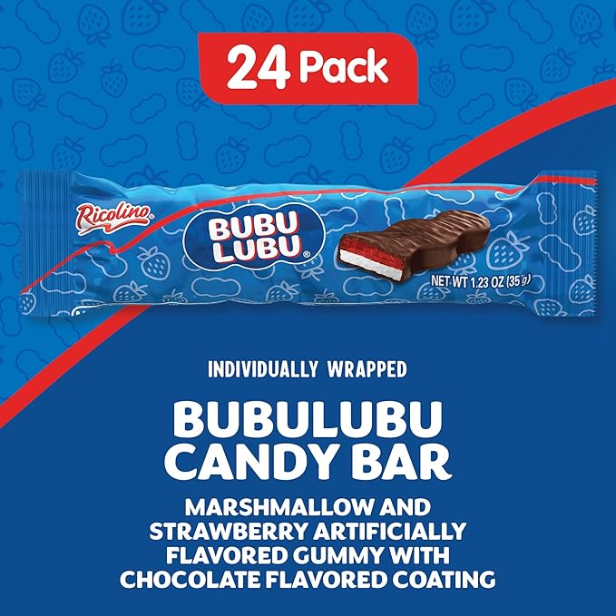 Ricolino Bubulubu Marshmallow with Strawberry Artificially Flavored Gummy with Chocolate Flavored Coating Bar 1 Pound 13.52 Ounces 24 Count Box