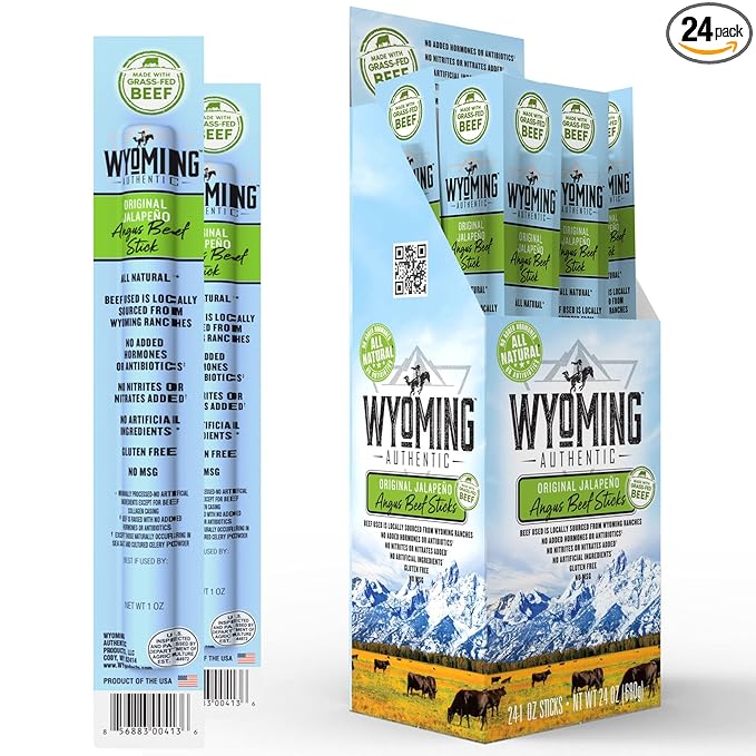 Wyoming 100% Grass Fed Beef Sticks - Original Jalapeño Flavor - Clean Tasty Meat Sticks snacks with 6g of protein made with Angus Beef Sticks Nitrate Free Jerky Meat Sticks - No Artificial Ingredien