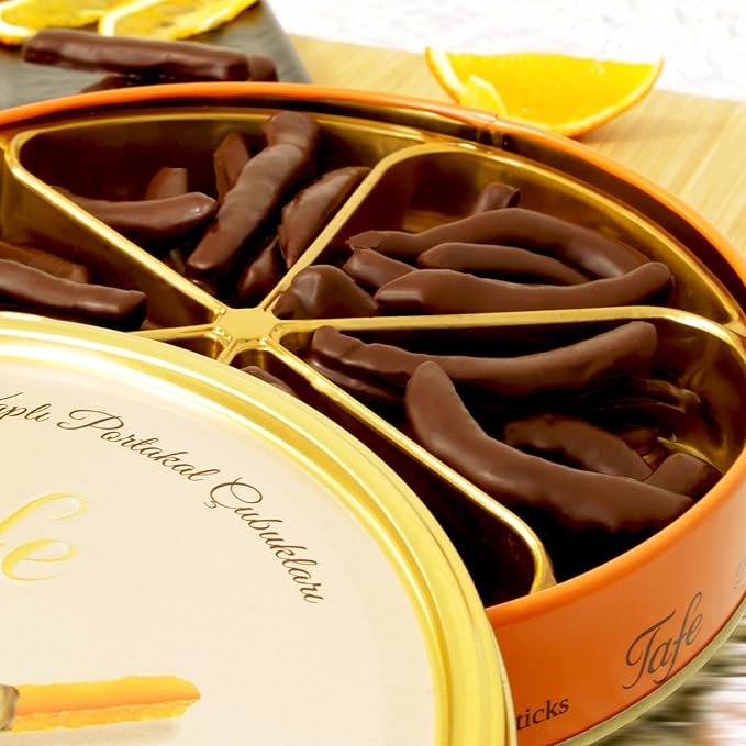 Tafe Dark Chocolate Coated Orange Sticks – Premium Belgian Bitter Chocolate – Gourmet Citrus Candy Gift Tin Box – 300g (10.5 oz)
