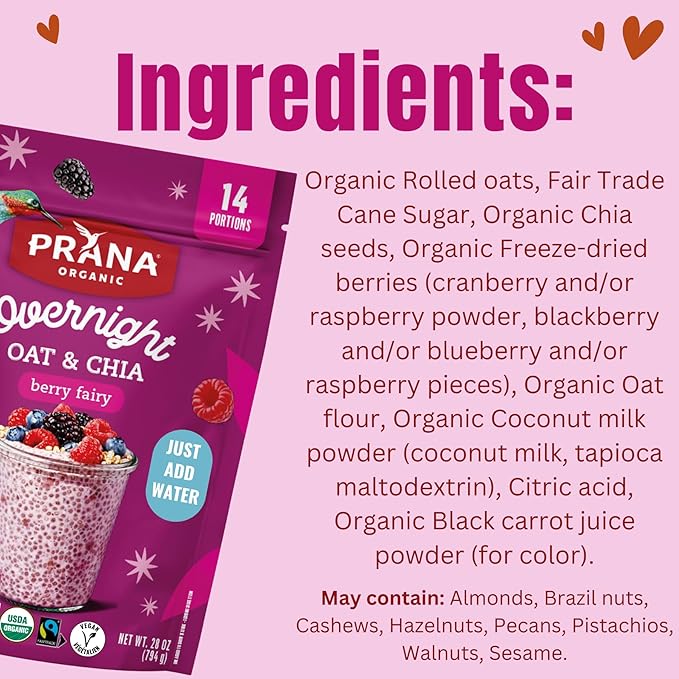Prana Organic Overnight Chia with Oats Berry Fairy | Rich in Fiber &amp Protein Vegan Non-GMO | Ready to Eat Breakfast - 28 oz Bags - 2 Pack
