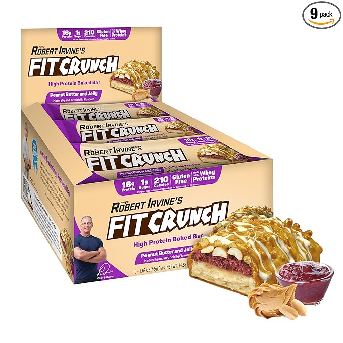 FITCRUNCH Snack Size Protein Bars Designed by Robert Irvine 6-Layer Baked Bar 1g of Sugar Gluten Free &amp Soft Cake Core (9 Bars Peanut Butter and Jelly)