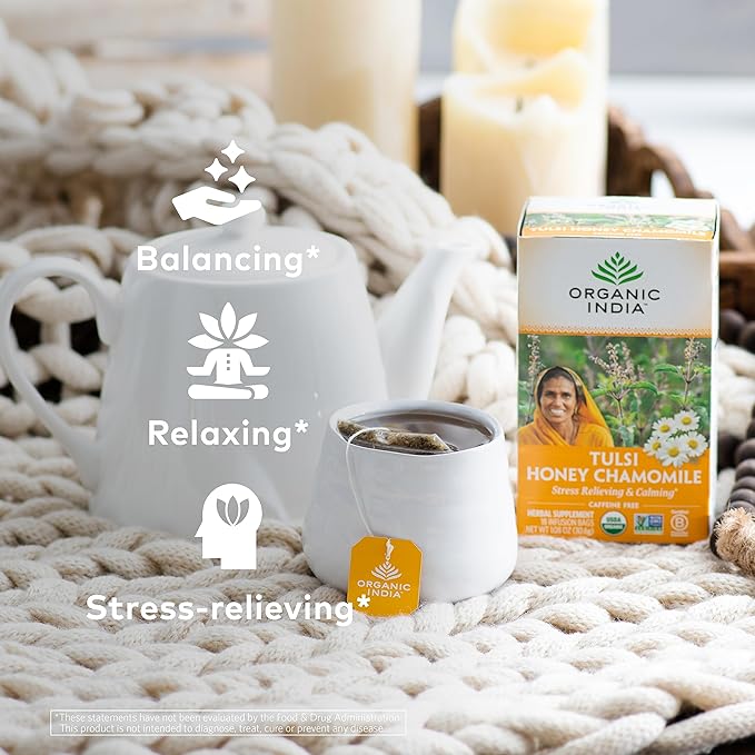 Organic India Tulsi Honey Chamomile Tea Bags - Herbal Tea for Stress Relieving &amp Calming Immune Support Adaptogen Gluten-Free USDA Certified Organic Caffeine-Free - 18 Infusion Bags 6 Pack