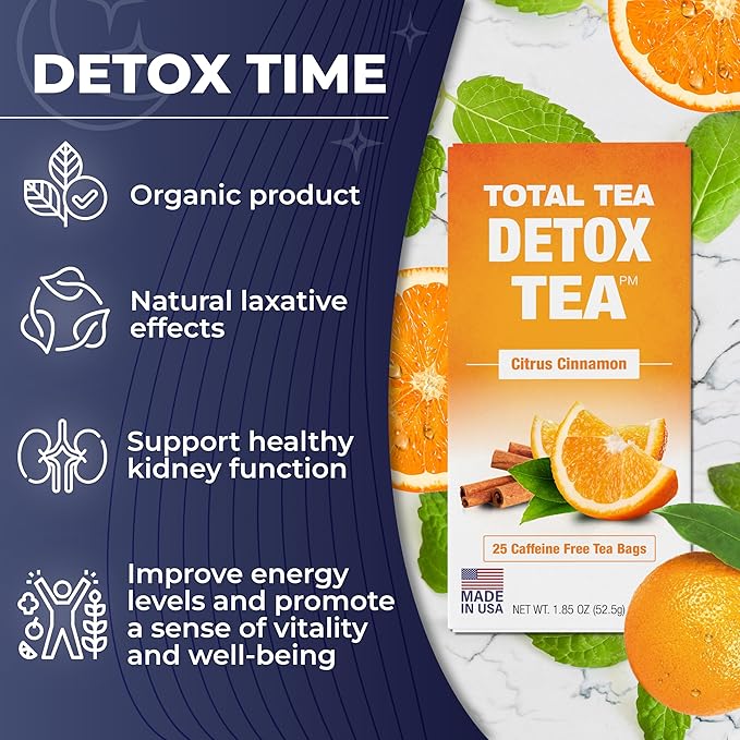 Total Tea Detox Tea &amp Energy Set - 25 Day Detox - Herbal SIim Tea with Chamomile - Hibiscus Tea and Ginger Root for Colon Cleanse – Natural Citrus &amp Cinnamon Fruit Tea for Digestive Health
