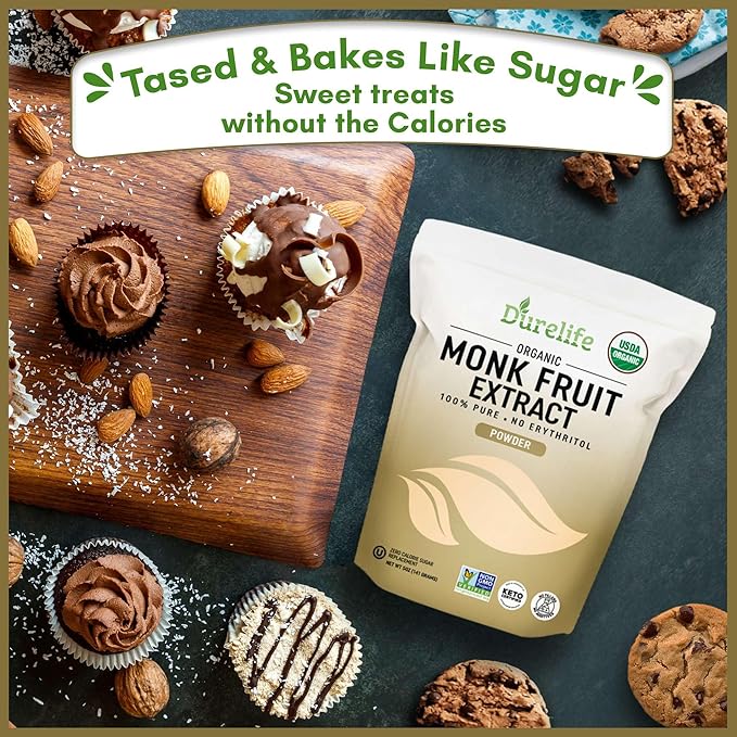 Durelife Organic 100% Pure Monk Fruit sweetener No Erythritol Monkfruit Extract Powder USDA organic NON-GMO Project Verified Keto Certified OU kosher No Fillers Zero Calorie Sugar Substitute 5 OZ