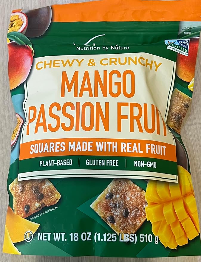 Nutrition by Nature Mango Passion Fruit Squares Chewy and Crunchy Real Fruit Plant-Based Gluten Free Non-GMO Individually Wrapped 18 oz (Pack of 1)