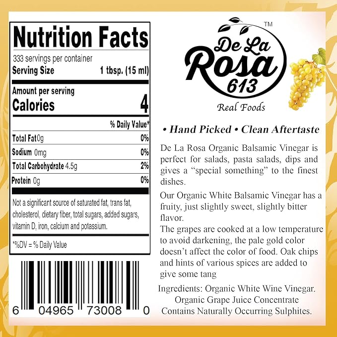 De La Rosa Organic White Balsamic Vinegar Vegan Kosher Non-GMO &amp Gluten Free Great for Salad Dressings Marinades &amp More 5 Liter (Pack of 1)