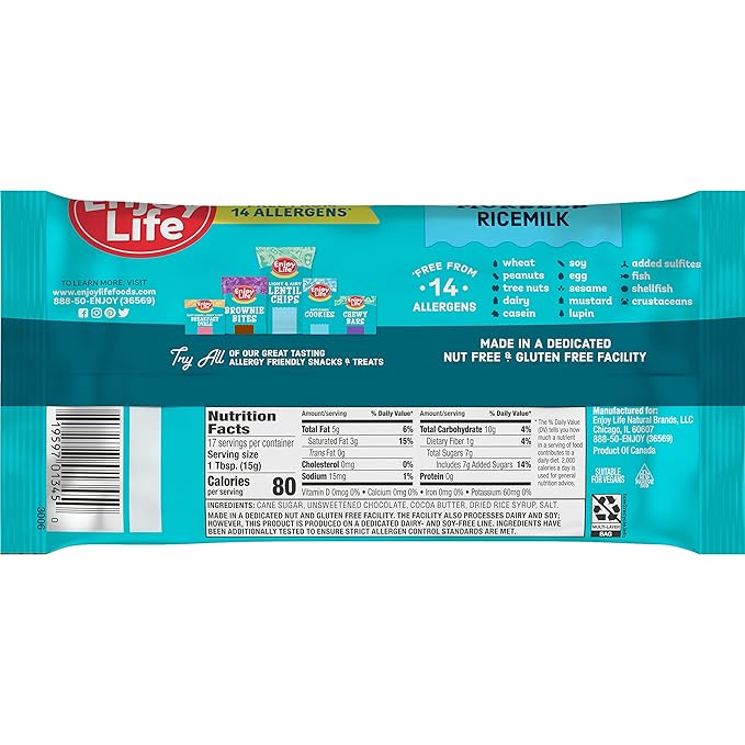 Enjoy Life Ricemilk Baking Morsels Milk Chocolate Flavor Gluten Free School Safe Non GMO Dairy Free Soy Free Vegan Nut Free Chocolate 12 Bags (9 oz) Bulk Chocolate
