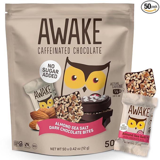 AWAKE - Caffeinated Chocolate Bites - 50mg of Caffeine - Bite-Size Energy Bars - Low-Calorie Snacks - Keto - Gluten-Free - Non-GMO - Coffee Alternative - Almond Sea Salt Dark Chocolate - 50 Bites