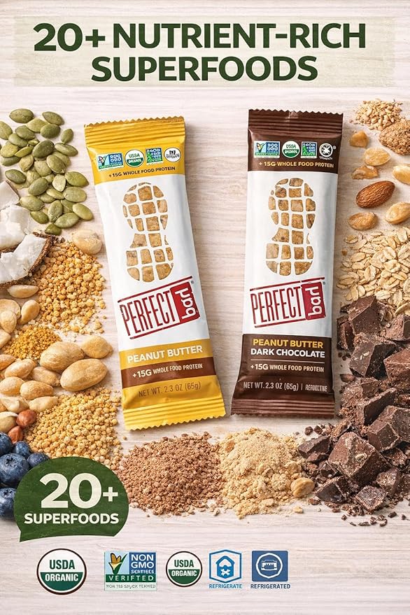 Perfect Bar Organic Protein Bars Variety Pack 12 Count | 15g Protein 20 Superfoods | Gluten Free Non-GMO Kosher | Healthy Refrigerated Snack Bars | Peanut Butter Dark Chocolate