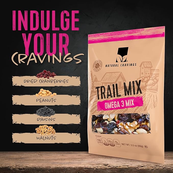 Natural Cravings Trail Mix Snack Packs - Individual 3.5 oz Bags of Trail mix - Omega 3 Dried Fruit Mix &amp Assorted Nuts Mix with Dry Cranberries Peanuts Raisins &amp Walnuts - Trail Mix Individu