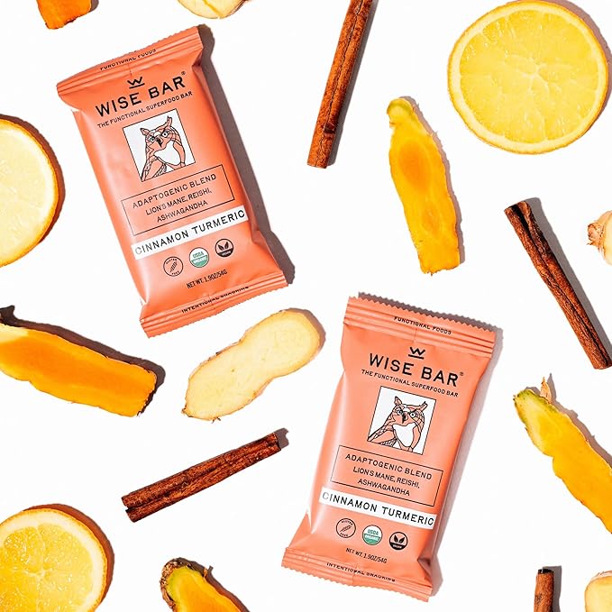 WISE BAR Adaptogen Mushroom Nutrition Bars with Reishi Lions Mane &amp Ashwagandha Organic Vegan &amp Gluten Free Snacks for Natural Focus Energy &amp Immunity Support Cinnamon Turmeric Flavor