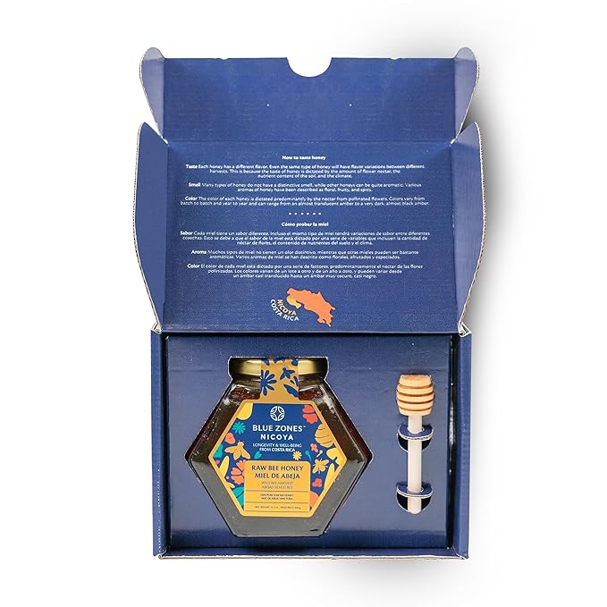 Blue Zones Nicoya - Raw Bee Honey with Box and Wood Dipper 100% Natural Gluten Free Honey - from Peninsula of Nicoya in Costa Rica - Multifloral Tropical Dry Forest - Wild Bee 12.3 Ounce (350g)