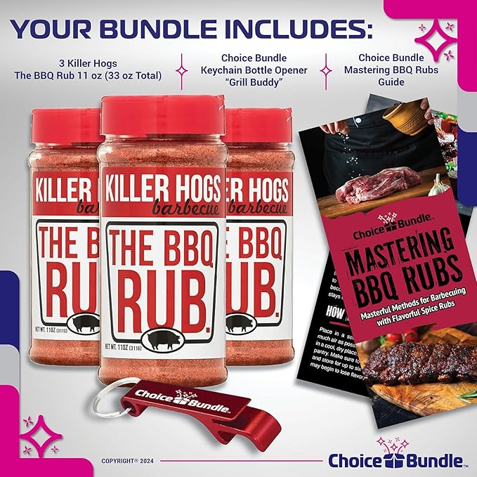 Killer Hogs The BBQ Rub Premium Barbecue Spice &amp Seasoning 3 pk (33 oz) + BBQ Guide &amp Bottle Opener (5 Items)!