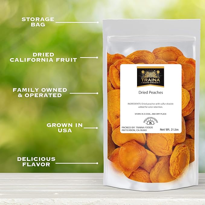Traina Home Grown California Extra Fancy Sun Dried Peach Halves - Healthy No Sugar Added Non GMO Gluten Free Vegan Packed in Resealable Pouch (2 lbs)