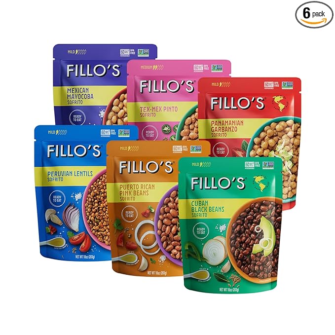 Fillo's Ready to Eat Variety Pack | Black Beans Lentils Pinto Beans Mayocoba Beans | Gluten-Free Preservative-Free Microwavable Meals Non-GMO Vegan Plant Protein 10 oz Pk of 6
