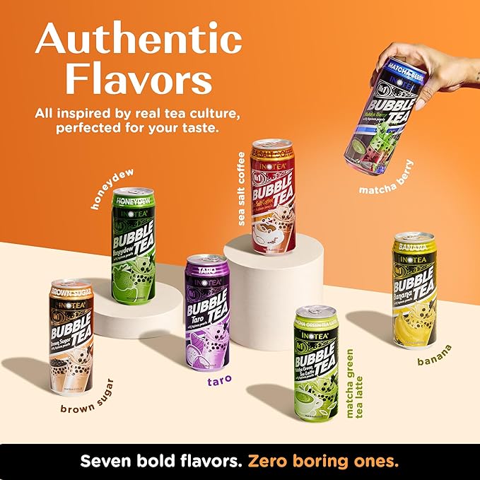 Inotea Bubble Tea with Tapioca Pearls - Delicious Instant Boba Tea - Ready-to-Drink Black Milk Tea - Comes in Large 16.6 oz Cans - Enjoy Real Boba Without the Long Lines - Brown Sugar - 12 pack