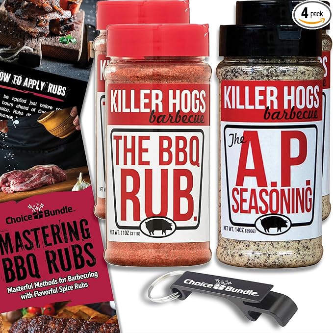 Killer Hogs AP All Purpose Seasoning &amp The BBQ Rub Premium Variety 4 Pk (50 oz) + Barbecue Masters &amp Bottle Opener (6 Items)!