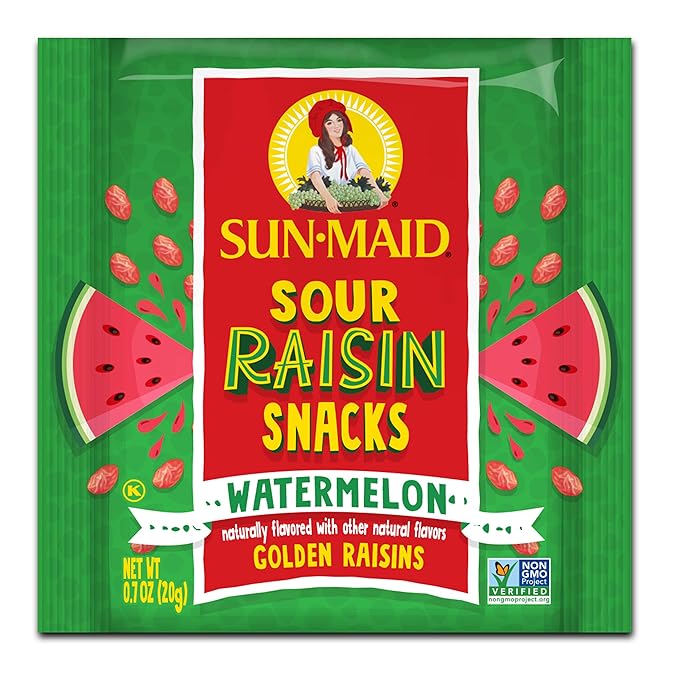 Sun-Maid Sour Watermelon Fruity Raisin Snacks - (56 Pack) 0.7 oz Pouches - Sour Watermelon Raisins - Dried Fruit Snack for Lunches and Snacks