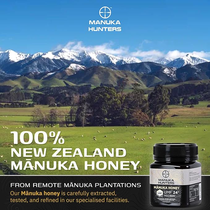 Manuka Hunters UMF 24+/MGO 1120+ Certified New Zealand Manuka Honey - 100% Pure Natural Sweetener - Gluten Dairy Free - Ideal for Tea Coffee Smoothies and Baking - Sustainable - 8.8oz/250g Jar