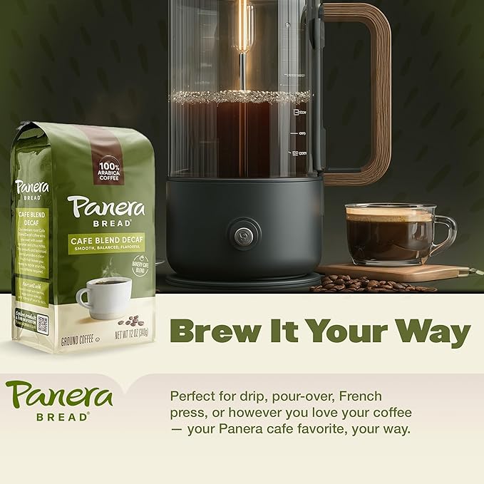 Panera Cafe Blend Decaf Ground Coffee - Medium Roast Decaf Coffee with Sweet Caramel &amp Citrus Notes - 100% Arabica Decaffeinated Ground Coffee - Smooth Balanced No Bitter Taste - 12oz Bag