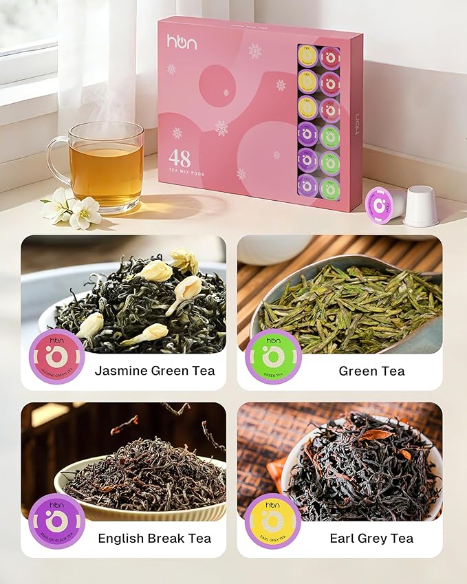 HBN Tea 48-Count Sampler Variety Pack for K-Cup Brewers Healthy &amp Energizing Tea Capsules Gift Box Set (Green English Breakfast Earl Grey Jasmine)