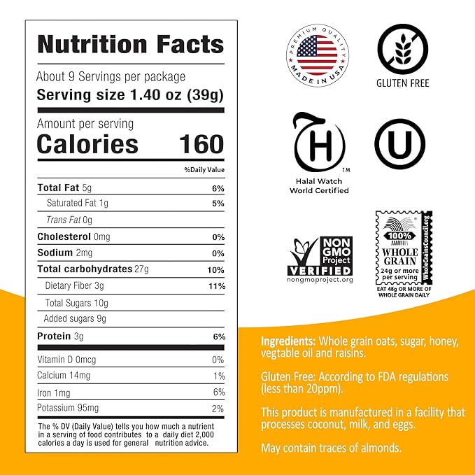 Avelina Gluten Free Granola Honey &amp Raisins - Healthy Oatmeal-Based Cereal - Kosher Non-Gmo - (12.3 oz 4-Pack)