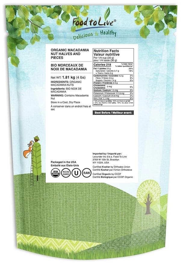 Food to Live Organic Macadamia Nut Halves &amp Pieces 4 Pounds – Non-GMO Raw Shelled Unsalted Kosher Vegan Bulk. Keto Snack. Good Source of Healthy Fats. Great as Topping for Yogurt Cereal.