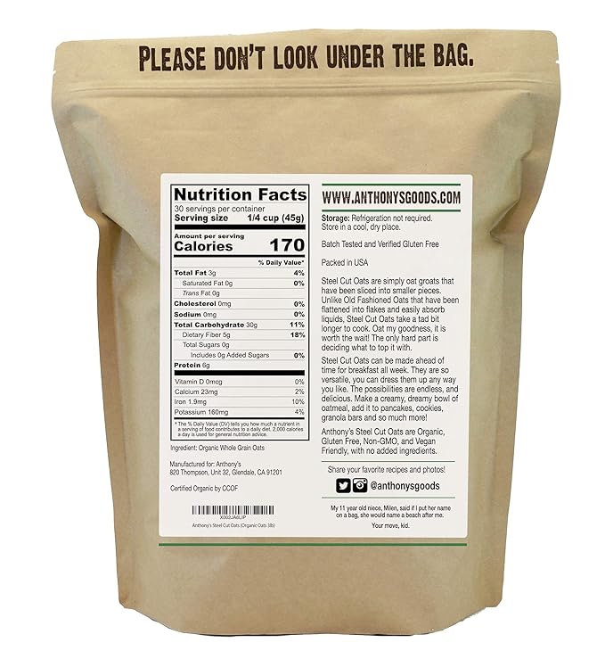 Anthony's Organic Steel Cut Oats 3 lb Gluten Free Non GMO Irish Oatmeal Whole Grain