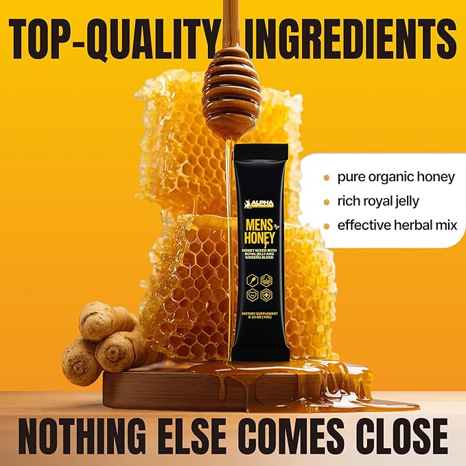 Royal Jelly Honey for Men - Extra Strength Quality Improved Formula Herbal Superfood Mix - Raw &amp Natural Energy &amp Power Supplement No Added Sugar - 24 Individual Packets 10g