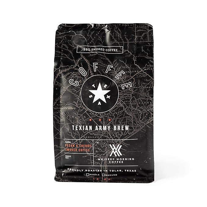 Whiskey Morning Coffee Texian Army Brew Double Smoked Whole Bean Coffee Fire Roasted with Pecan Wood &amp Cold Smoked with Cherry Wood Small Batch Texas Roasted Bold &amp Smooth Medium Roast 10